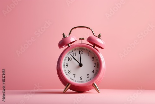 pink alarm clock on pink background, ticking alarm clock on light pink wallpaper