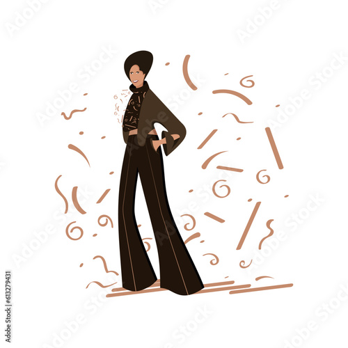A beautiful woman of fashion smiles in full growth in wide trousers.