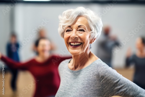 Lebensfreude im Tanz: Ältere Dame strahlt während des Tanztrainings mit anderen Frauen, Generative AI