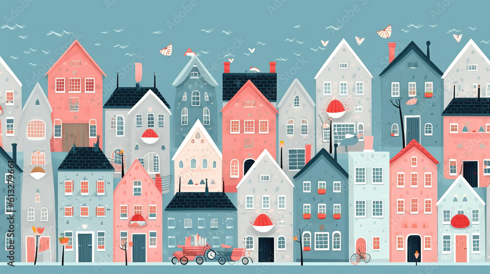 cartoon children book inspired house row, beautiful style, ai generated image