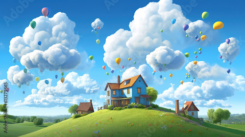 a beautiful fairytale inspired house on the hill, cartoon flying balloons style, ai generated image