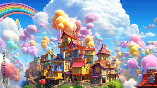 cute fairytale inspired town on a hill, rainbow and colored clouds, ai generated image
