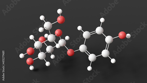 arbutin molecule, molecular structure, glycosylated hydroquinone, ball and stick 3d model, structural chemical formula with colored atoms photo