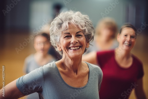 Lebensfreude im Tanz: Ältere Dame strahlt während des Tanztrainings mit anderen Frauen, Generative AI