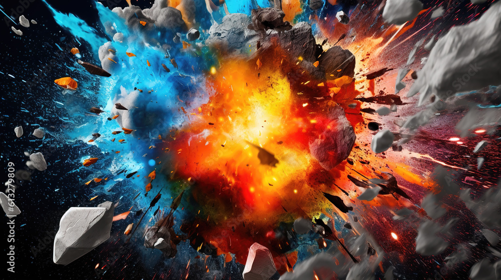 Fototapeta premium an explosion meteor in space, broken stone, ai generated image