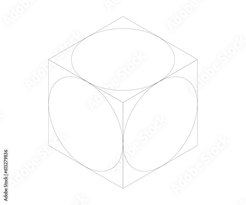 isometric drawing of a cube with circles inscribed