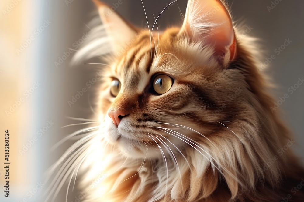 Portrait of a red Maine Coon cat sitting by the window. Generative AI. Portrait of a red Maine Coon cat sitting by the window. Generative AI.