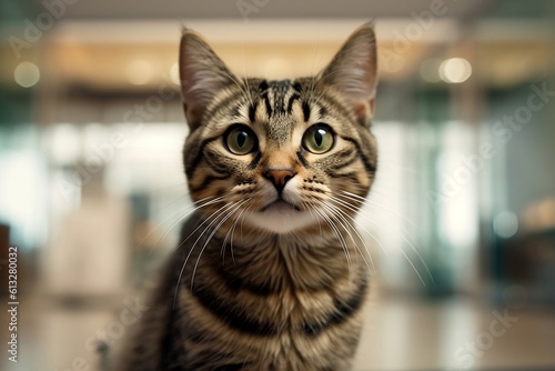 Portrait of a tabby cat with green eyes. Generative AI.