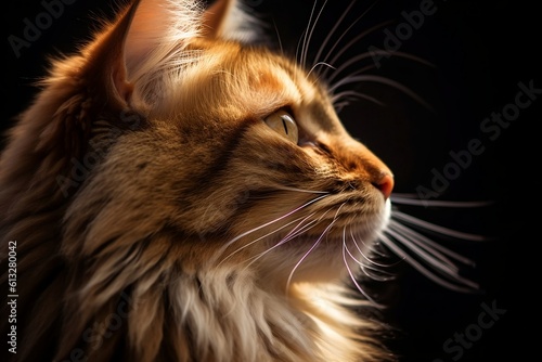 Close-up portrait of a red Maine Coon cat on a black background. Profile view. Generative AI.
