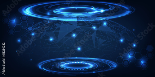 Vector illustrations of futuristic stage layout for showcase with digital element around for product advertising and game artwork.