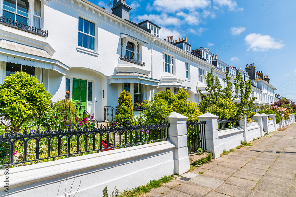 A view along a Victorian terrace In Brighton, UK in summertime