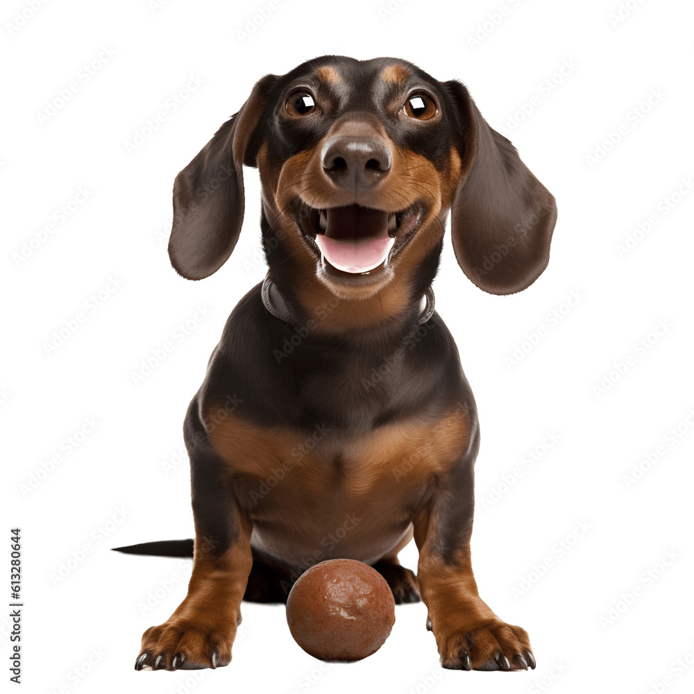 A happy dachshund dog is sitting with a ball isolated on background. Generative AI