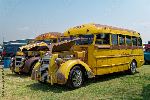 Lebanon, Tennessee USA - June 09, 2023 Hot rod vintage school buses photo