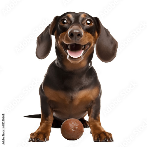 A happy dachshund dog is sitting with a ball isolated on background. Generative AI
