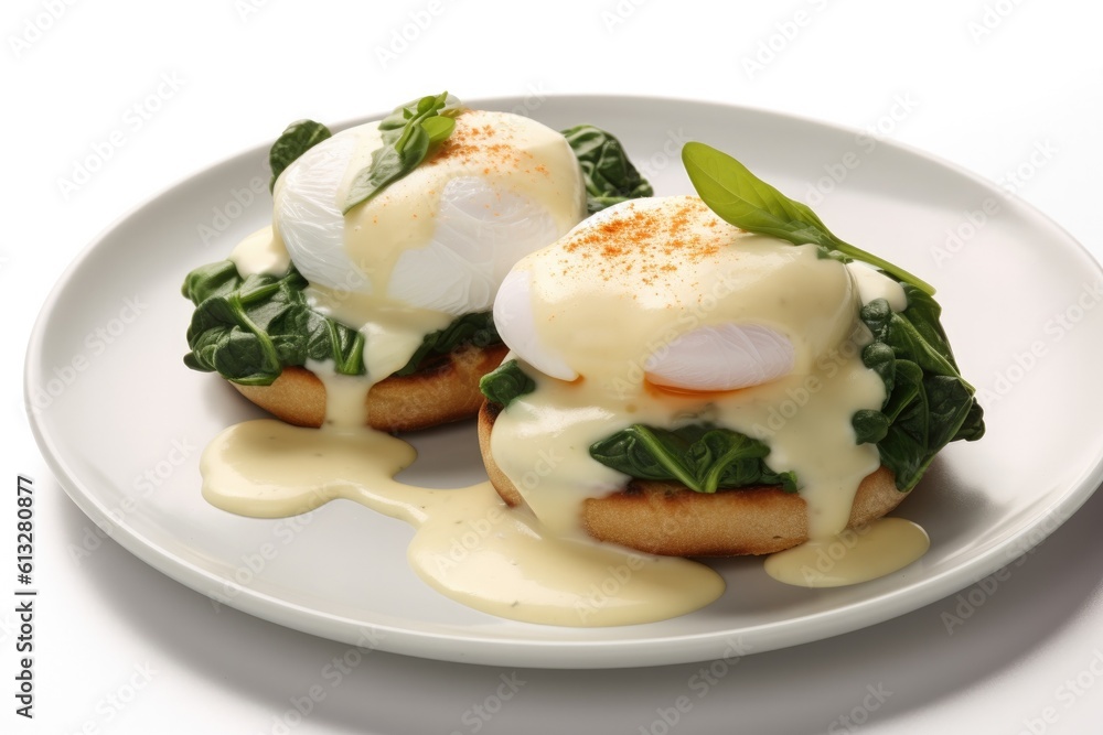 Delicious Plate of Eggs Florentine on a White Background. Generative AI Delicious Plate of Eggs Florentine on a White Background. Generative AI