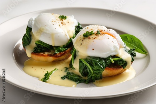 Delicious Plate of Eggs Florentine on a White Background. Generative AI photo