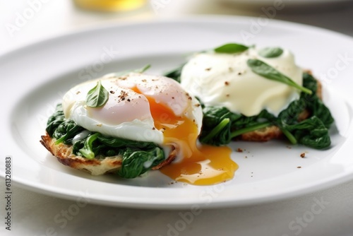 Delicious Plate of Eggs Florentine on a White Background. Generative AI photo