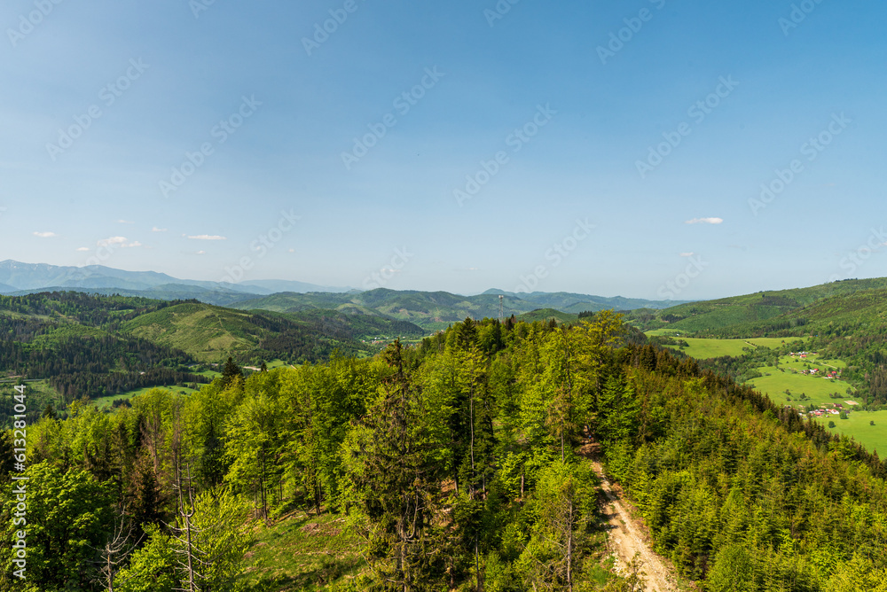 Obraz premium View from lookout tower on Smrekovka hill above Vychylovka village in Slovakia