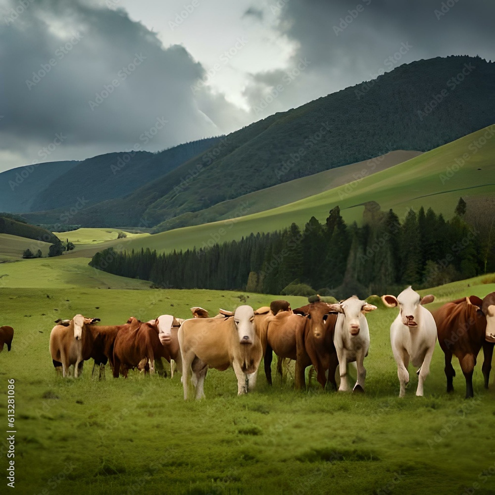 Cows eating, farming and cattle on a dairy farm for agriculture, growth and food production. Nature, eat and a herd of hungry animals with feed, Generative ai 