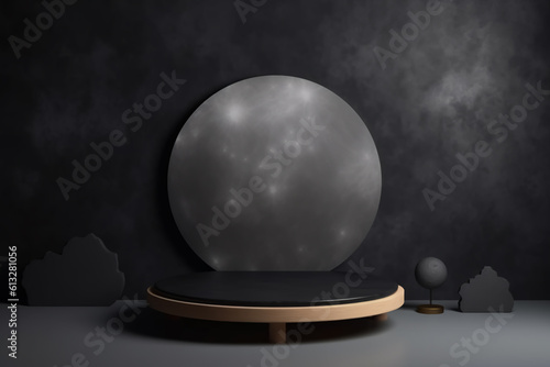 Dark background with light brightness, dark cloud background, luminous moon and round platform to display a product