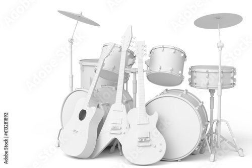 Set of realistic drums with metal cymbals on stand and acoustic guitars on white © Vasyl Onyskiv