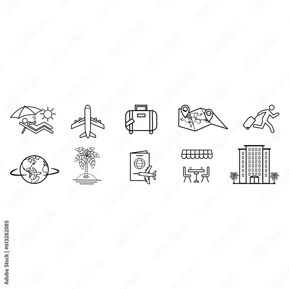 Fototapeta premium Travel Icons Set. Vector Illustrations of Man on the Beach, Man Hurrying with Luggage, Plane, Land, Hotel, Cafe, Bag, and Map