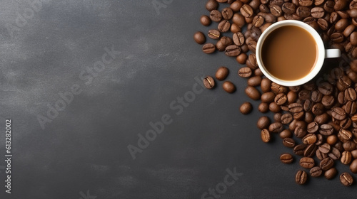 Coffee beans and a cup of coffee, isolated on slate tone background with copyspace, Generative AI. © betterpick|Art