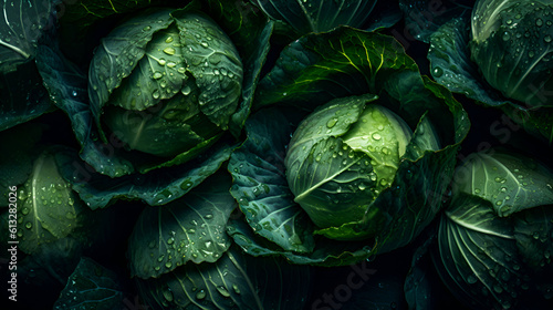Farm cabbage heads with water drops, banner, Generative AI 1