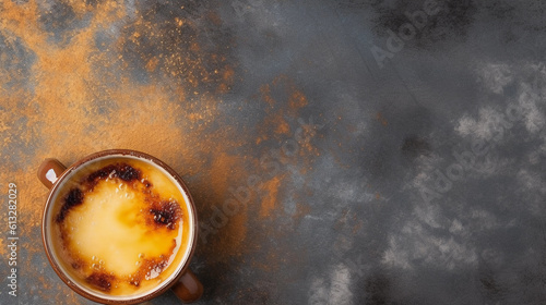 Crème Brûlée, isolated on slate background with copyspace, Generative AI.