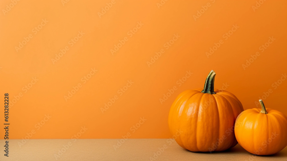 Pumpkin, isolated on orange background with copyspace, Generative AI. Pumpkin, isolated on orange background with copyspace, Generative AI.