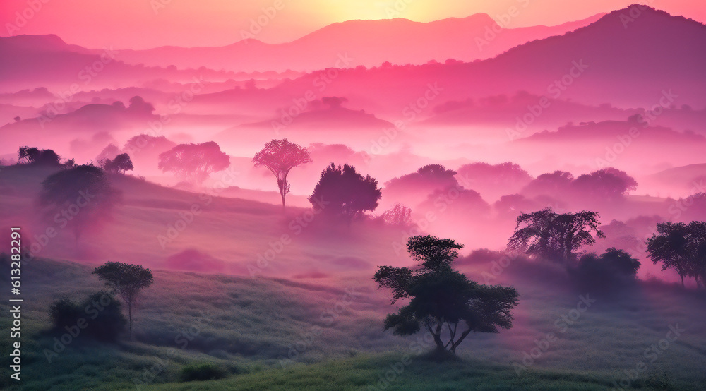 sunrise over the hills in a green grassy field