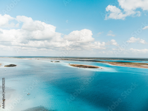 Drone shot of fresh water lagoon in Bacalar Mexico.