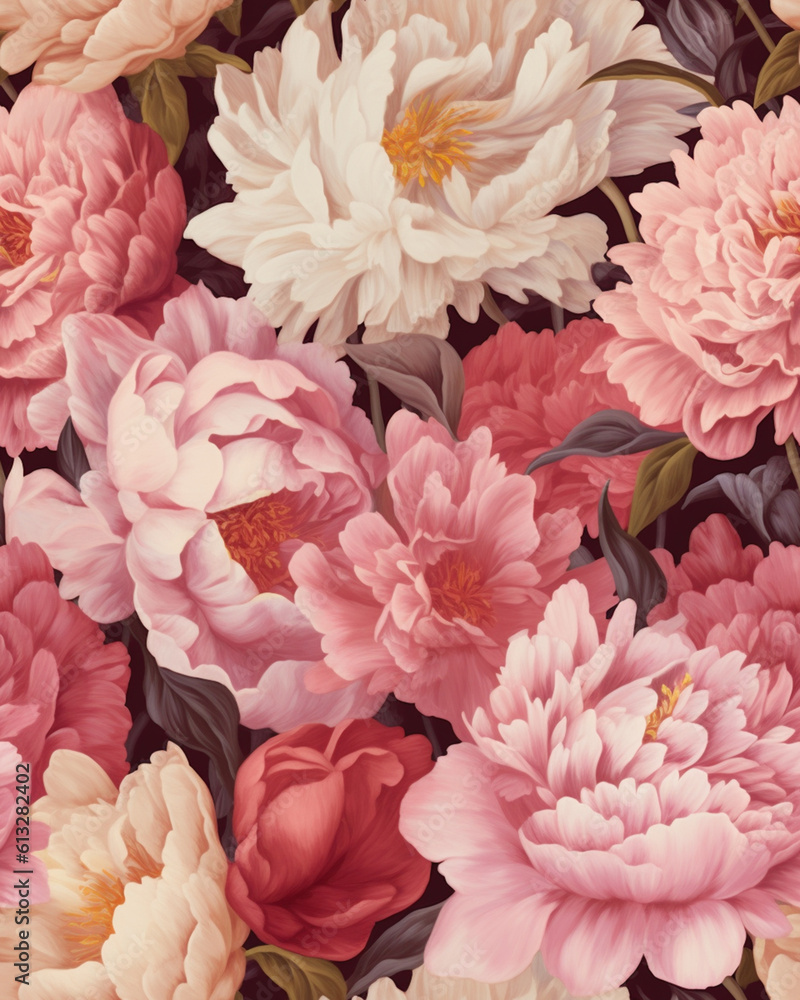 Hand drawing wallpaper tileable pattern of peonies created with Generative AI technology Hand drawing wallpaper tileable pattern of peonies created with Generative AI technology