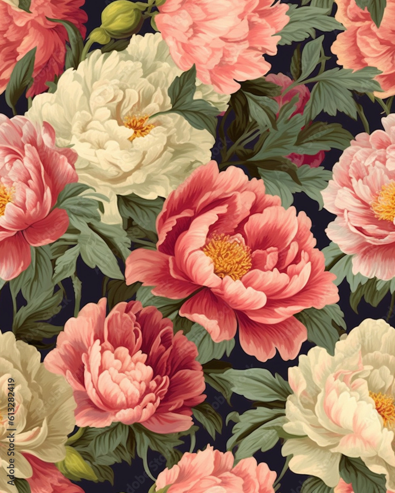 Hand drawing wallpaper tileable pattern of peonies created with Generative AI technology Hand drawing wallpaper tileable pattern of peonies created with Generative AI technology