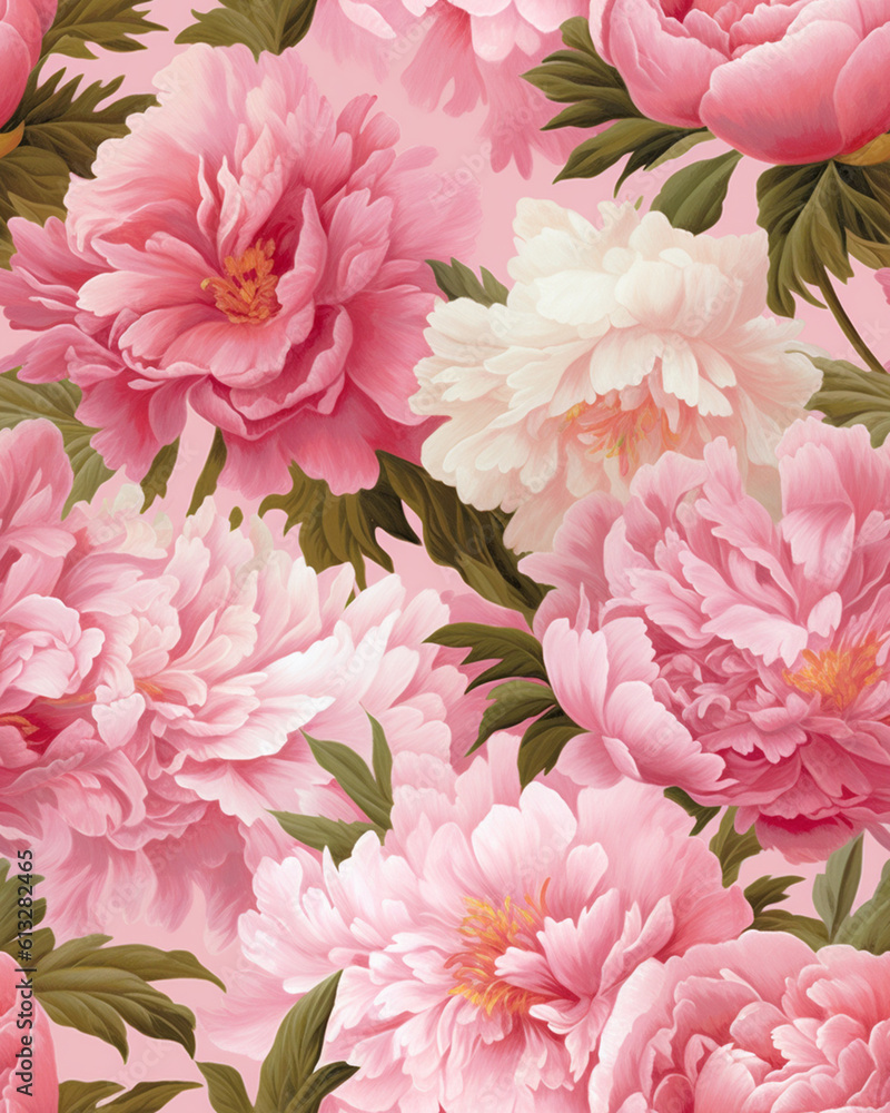 Hand drawing wallpaper tileable pattern of peonies created with Generative AI technology Hand drawing wallpaper tileable pattern of peonies created with Generative AI technology