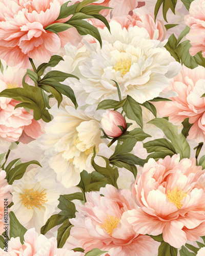 Hand drawing wallpaper tileable pattern of peonies created with Generative AI technology