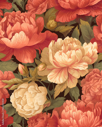 Hand drawing wallpaper tileable pattern of peonies created with Generative AI technology © Oksana