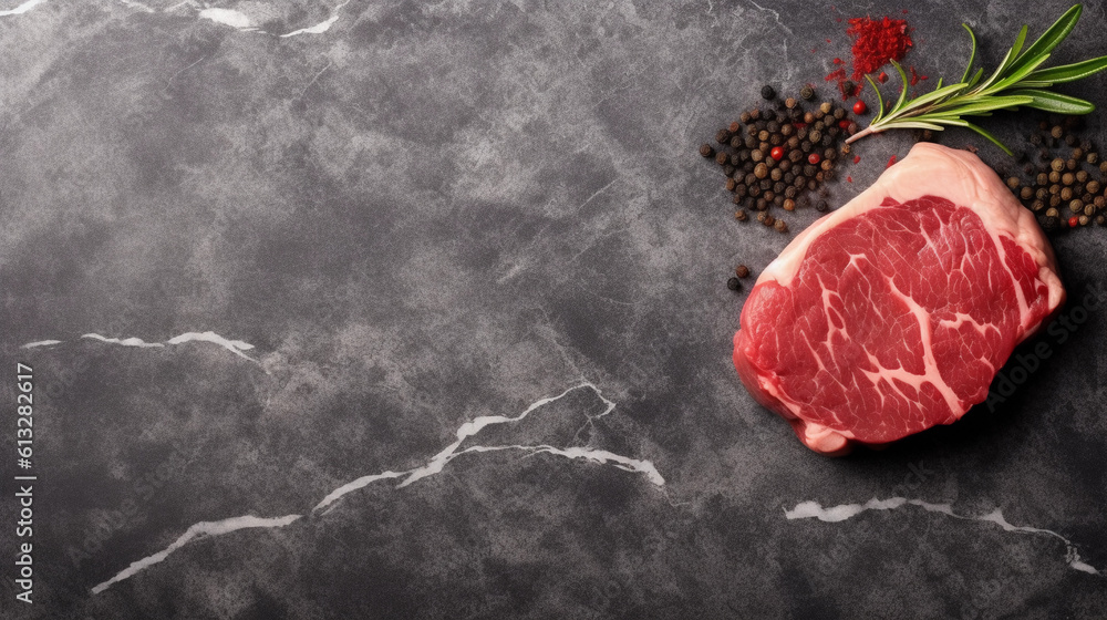 Savory Steak Delight on Minimalist Slate Background, Generative AI.