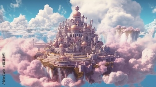 A magical city in the clouds . Fantasy concept , Illustration painting. Generative Ai