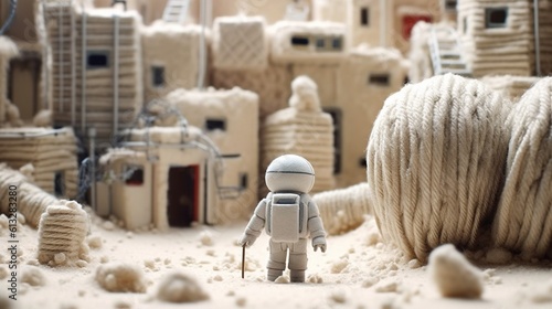 Generative AI, Space adventure illustration made of wool. Cosmic planet craft landscape with astronaut. photo