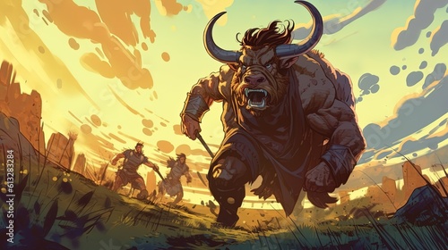 A minotaur charging at a group of adventurers . Fantasy concept , Illustration painting. Generative Ai