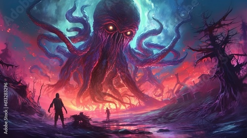 A mind flayer using its psychic powers to dominate a victim . Fantasy concept , Illustration painting. Generative Ai