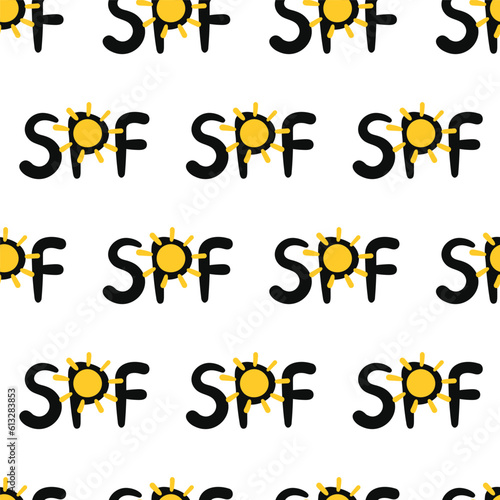 SPF lettering abbreviation seamless pattern. Sun protection factor handwritten phrase with sun. Summer skincare and protection concept. Vector illustration