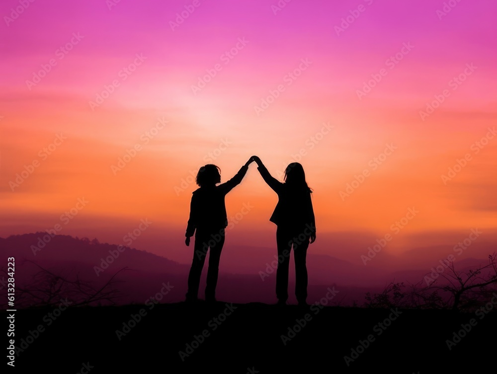 Silhouette of two friends.