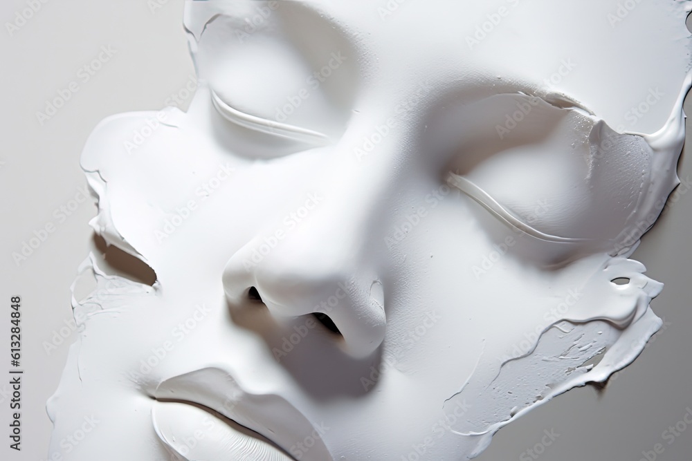 Naklejka premium Creative self-care concept. White cosmetic clay mask in the shape of a woman's face on a white background. Generated by AI.