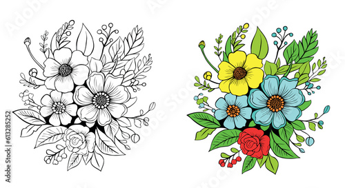 sketch contour bouquet of pansy flowers, Sketch violet flower drawing, flower cluster drawing, Easy flower coloring pages, flower coloring page for kids.