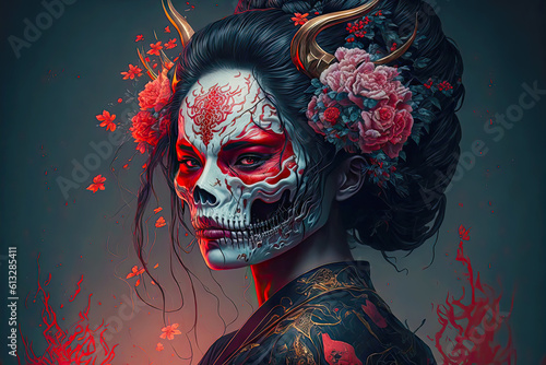 Day of the Dead Geisha. Generative AI, non-existent person.	