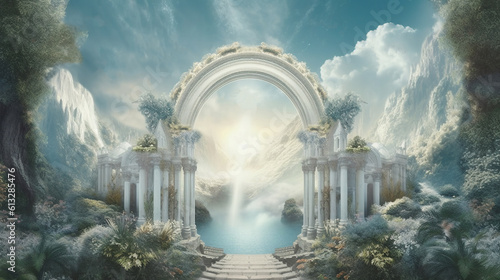 A heavenly portal to paradise . Fantasy concept , Illustration painting. Generative Ai