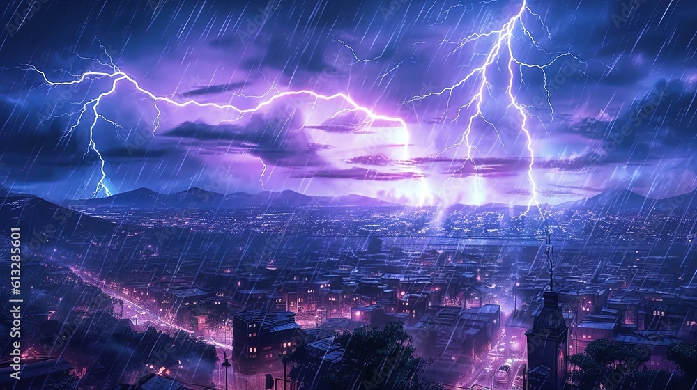 A lightning storm in a city at night . Fantasy concept , Illustration painting. Generative Ai