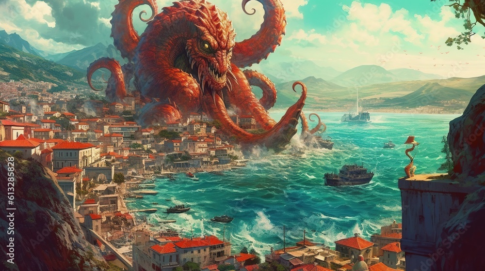 Obraz premium A hydra attacking a coastal city . Fantasy concept , Illustration painting. Generative Ai